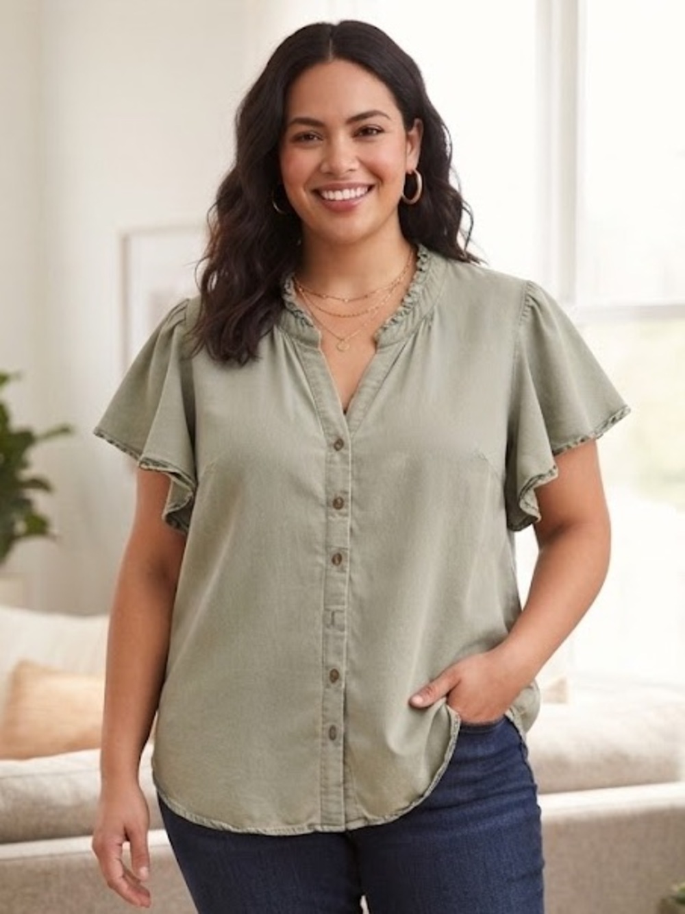 Jane and Delancey Lyocell Button-Front Flutter Sleeve Top - #304